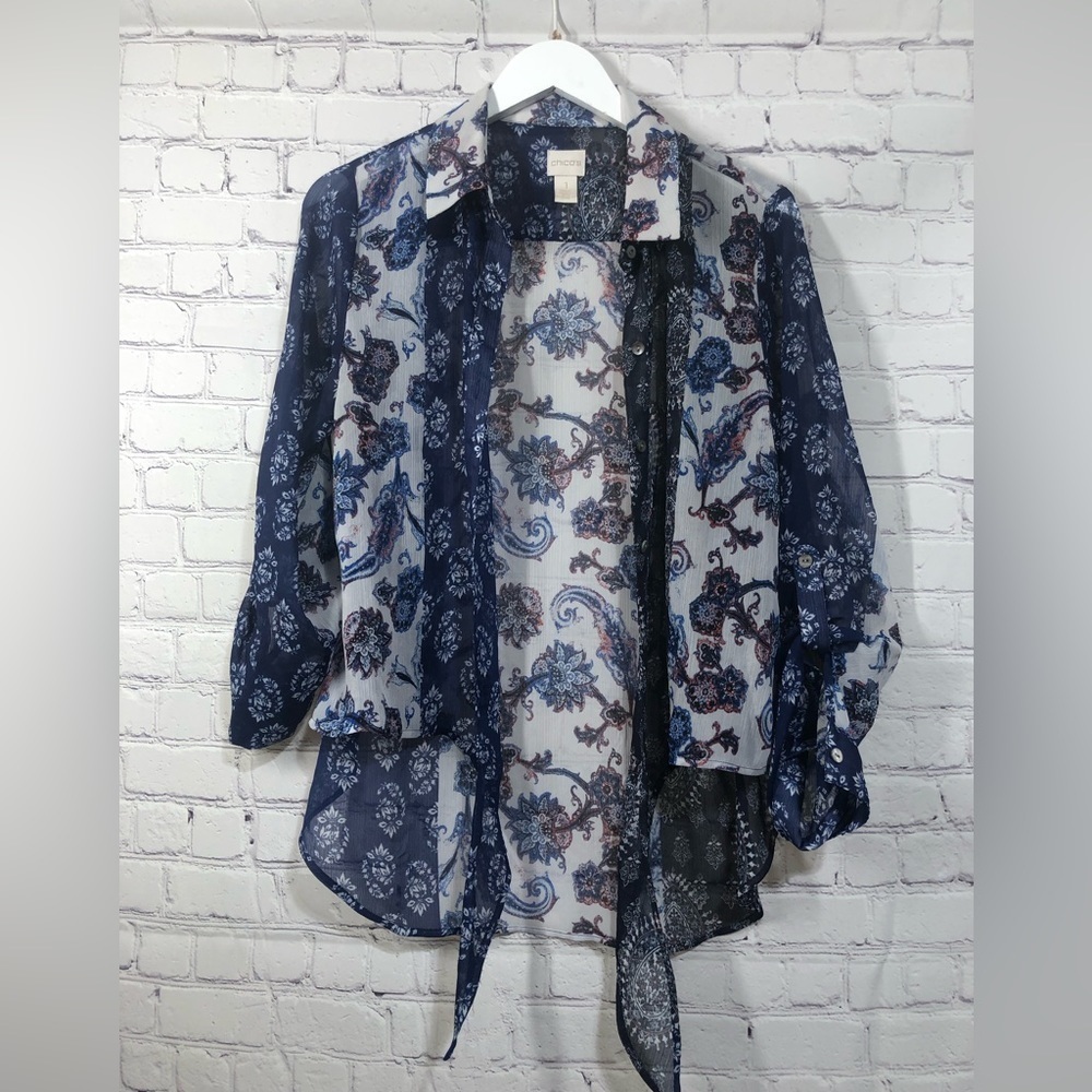 Chico’s top button down sheer blue mosaic